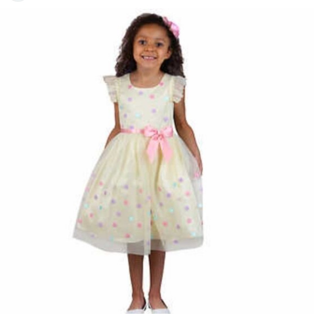 EUC Jona Michelle Girls 7 Spring Dress With Satin Bow Pastel Yellow Colorful